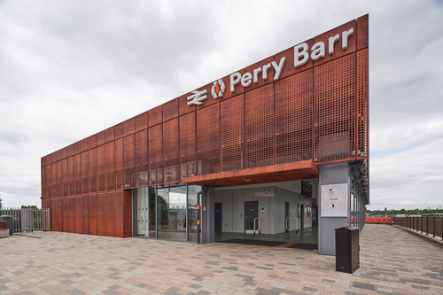 A photo of the outside of th eredeveloped Perry Barr railway station