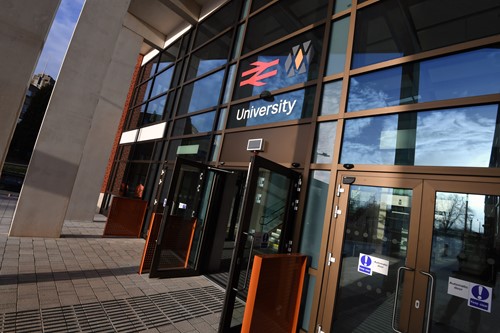 The main entrance to one of the new University Railway station buildings